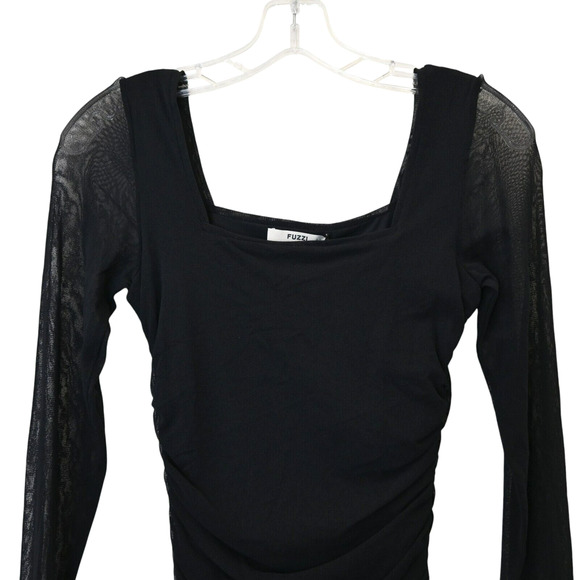 Fuzzi Ruched Bodycon Dress Size M Medium Black Long Sleeve Square Neck Mesh - Picture 4 of 8